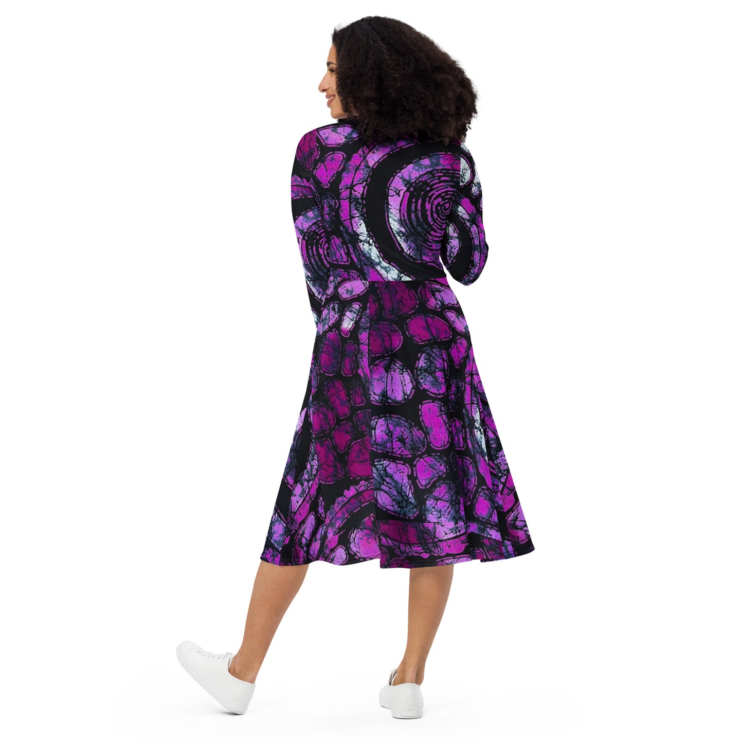 Purple & Black Ankara Long Sleeve Midi Dress