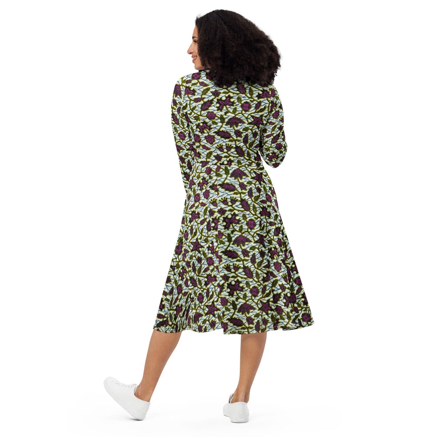 Pink Green Leaves Ankara Long Sleeve Midi Dress