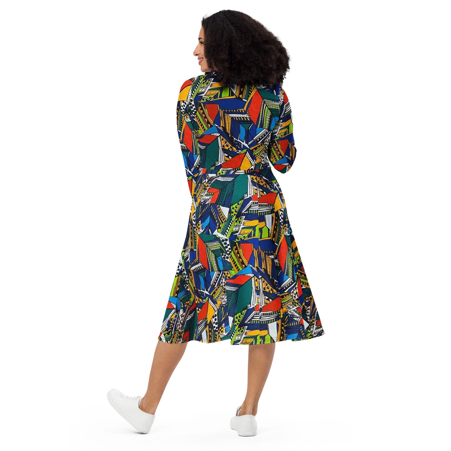 Multicolour Shapes Ankara Long Sleeve Midi Dress