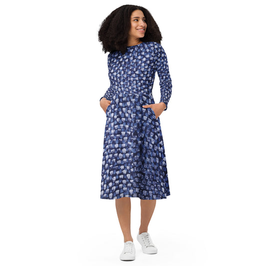 Blue Dotted Adire Long Sleeve Midi Dress