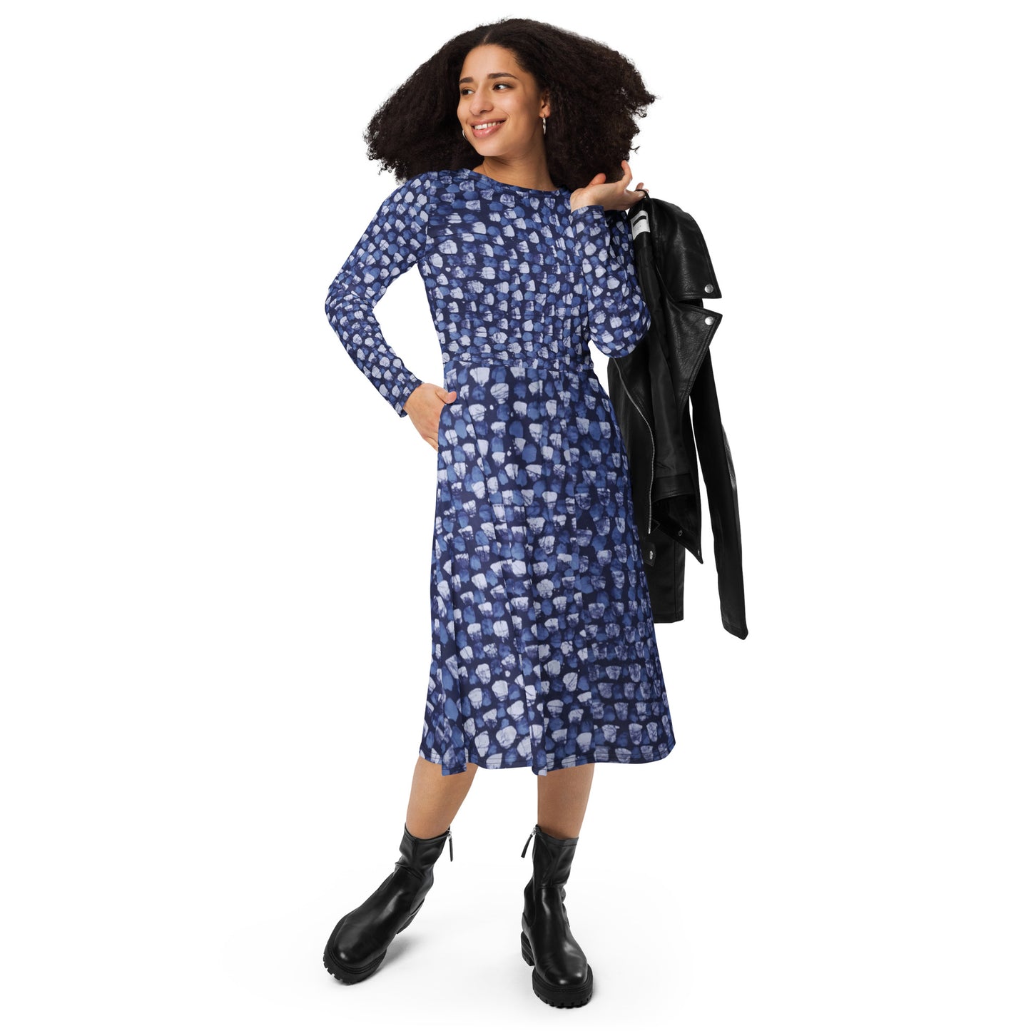 Blue Dotted Adire Long Sleeve Midi Dress