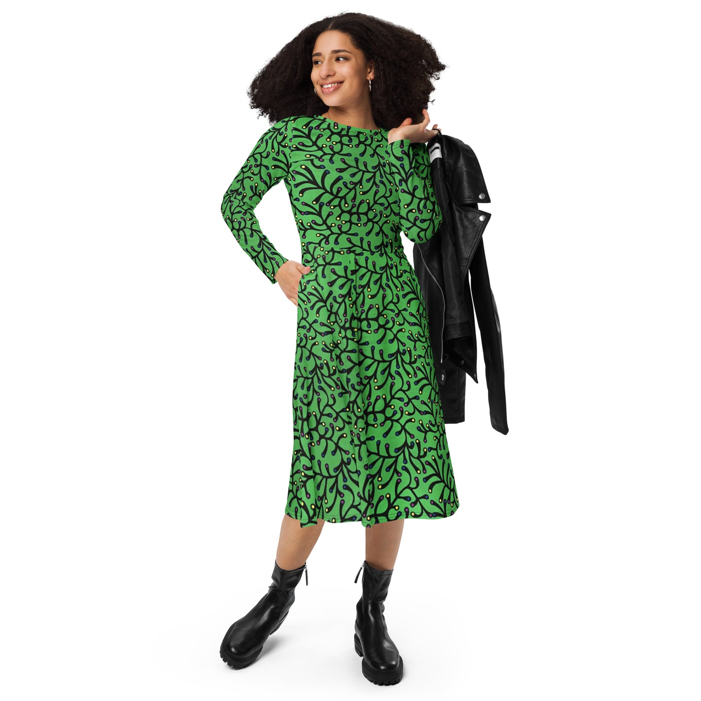 Vibrant Green And Yellow Polka Dots African Print Ankara Long Sleeve Midi Dress