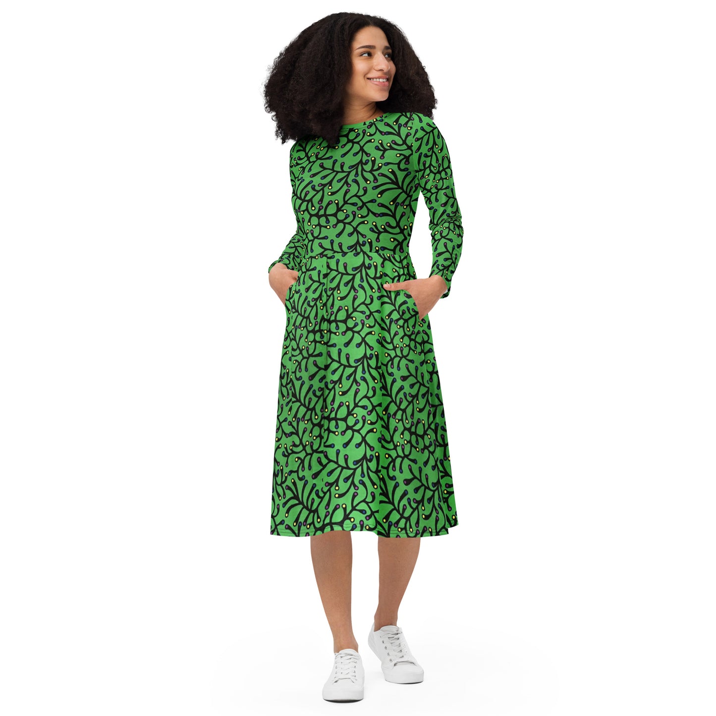 Vibrant Green And Yellow Polka Dots African Print Ankara Long Sleeve Midi Dress