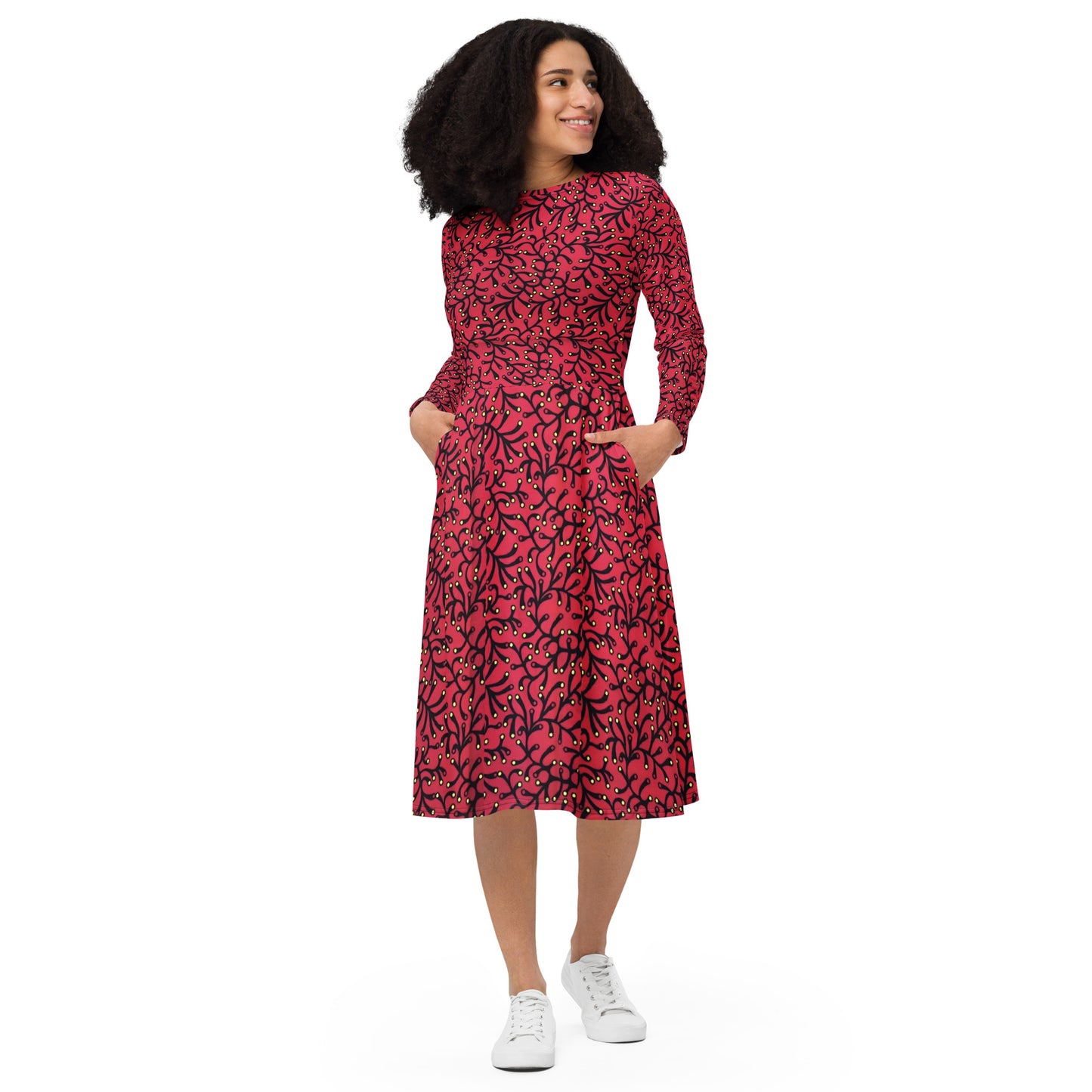 Red Yellow Polka Dots African Print Ankara Long Sleeve Midi Dress