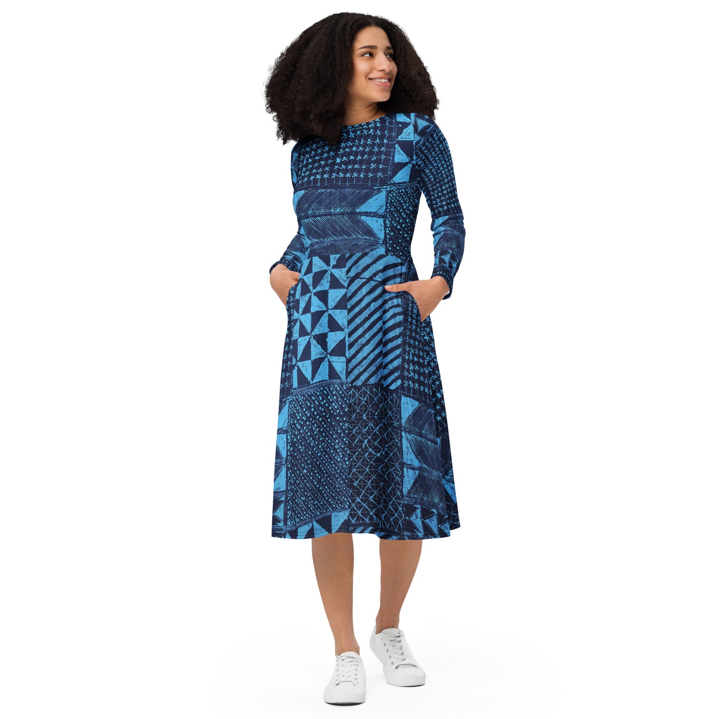 Black And Turquoise Shapes Adire Long Sleeve Midi Dress