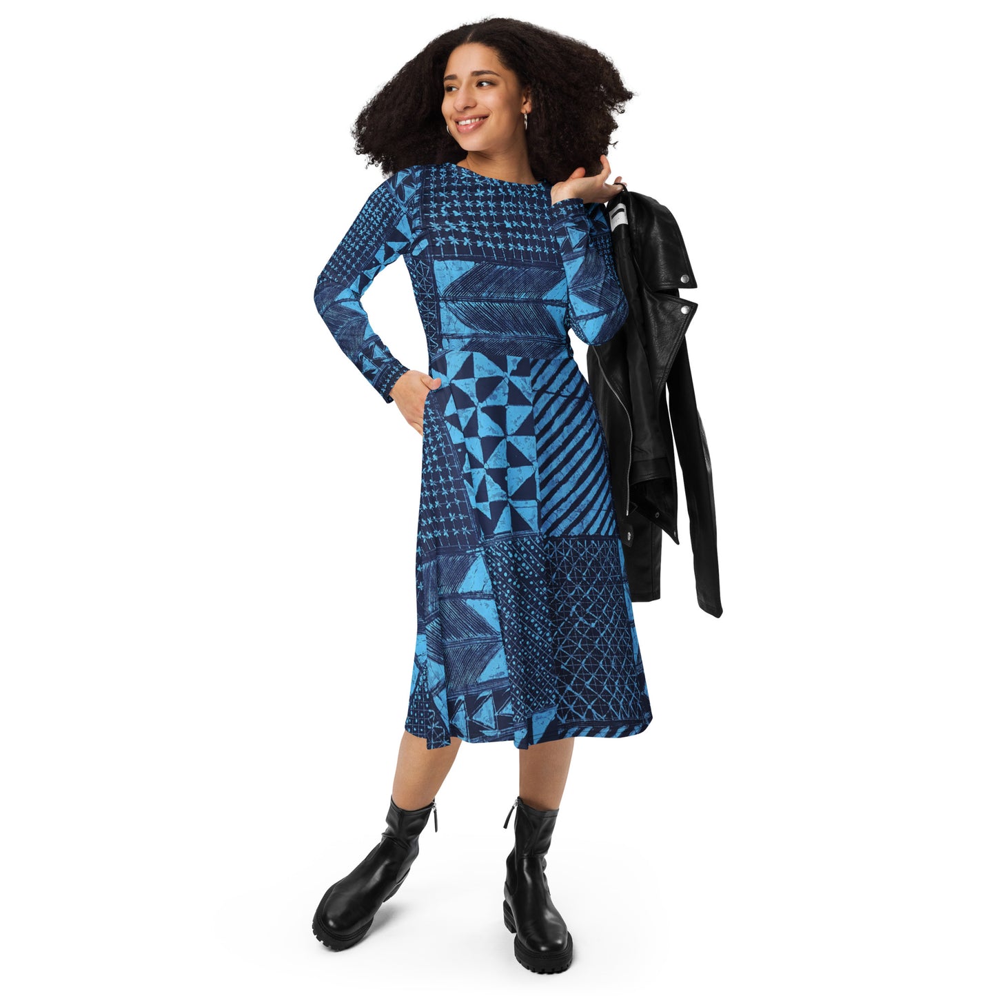 Black And Turquoise Shapes Adire Long Sleeve Midi Dress