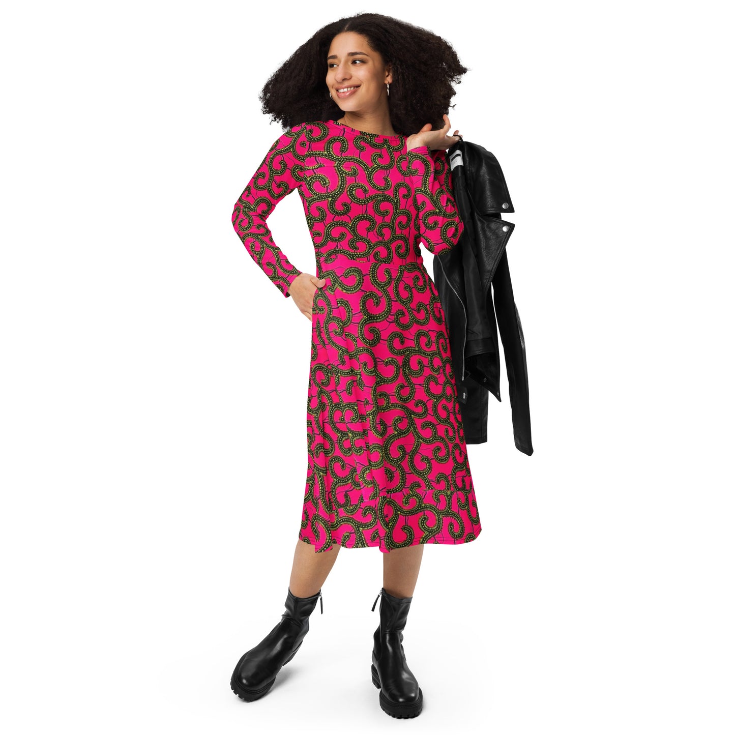 Pink Ankara Long Sleeve Midi Dress