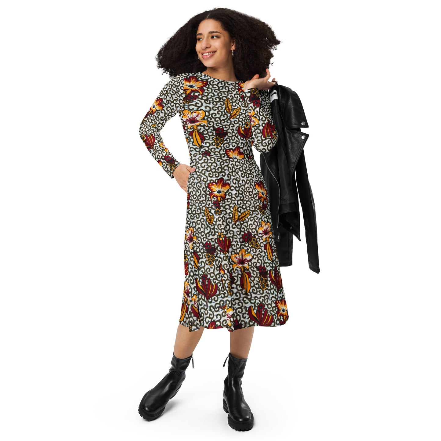 Red Yellow Black & White Bogolan Ankara Long Sleeve Midi Dress