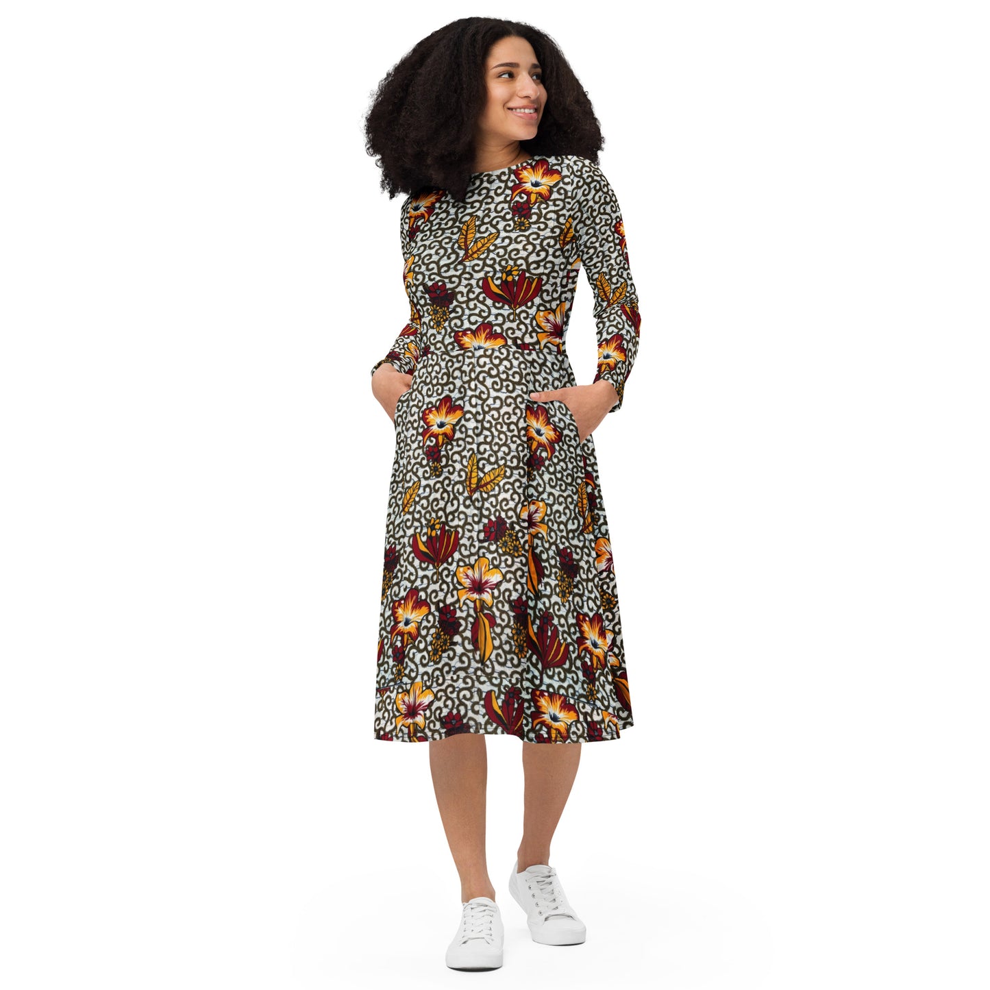 Red Yellow Black & White Bogolan Ankara Long Sleeve Midi Dress