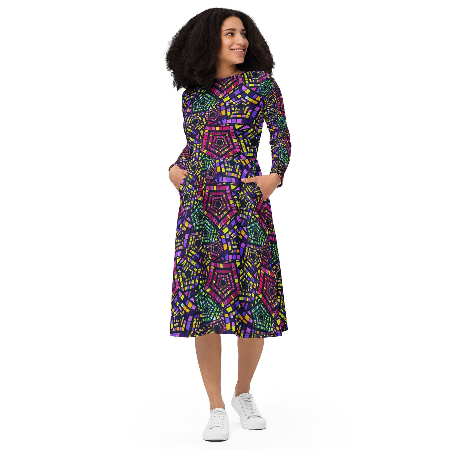 Yellow Pink Green Kente Ankara Long Sleeve Midi Dress