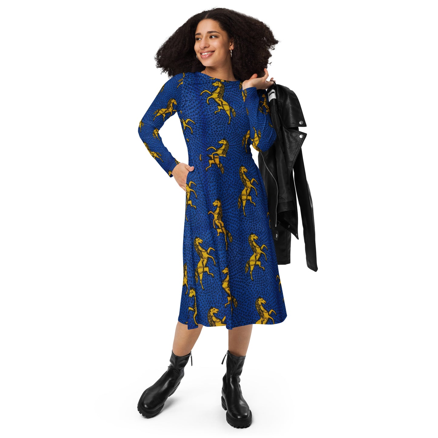 Yellow Horses On Blue Ankara Long Sleeve Midi Dress