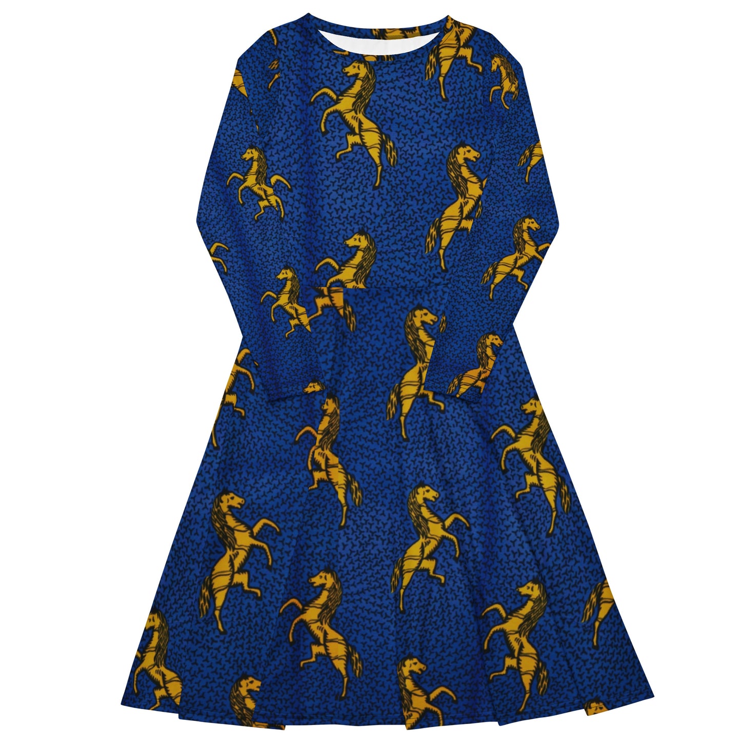 Yellow Horses On Blue Ankara Long Sleeve Midi Dress