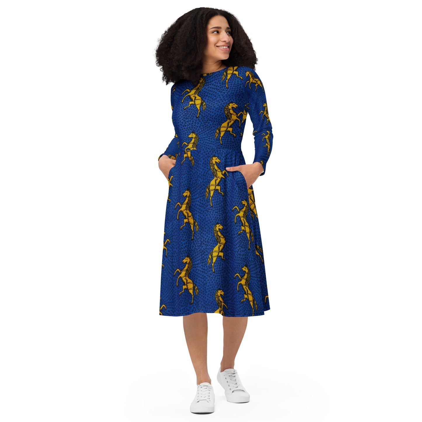 Yellow Horses On Blue Ankara Long Sleeve Midi Dress