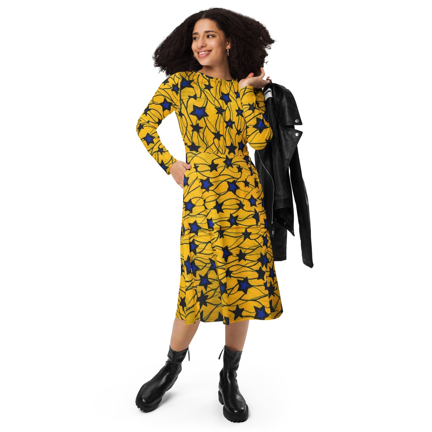 Yellow Blue Star Ankara Long Sleeve Midi Dress