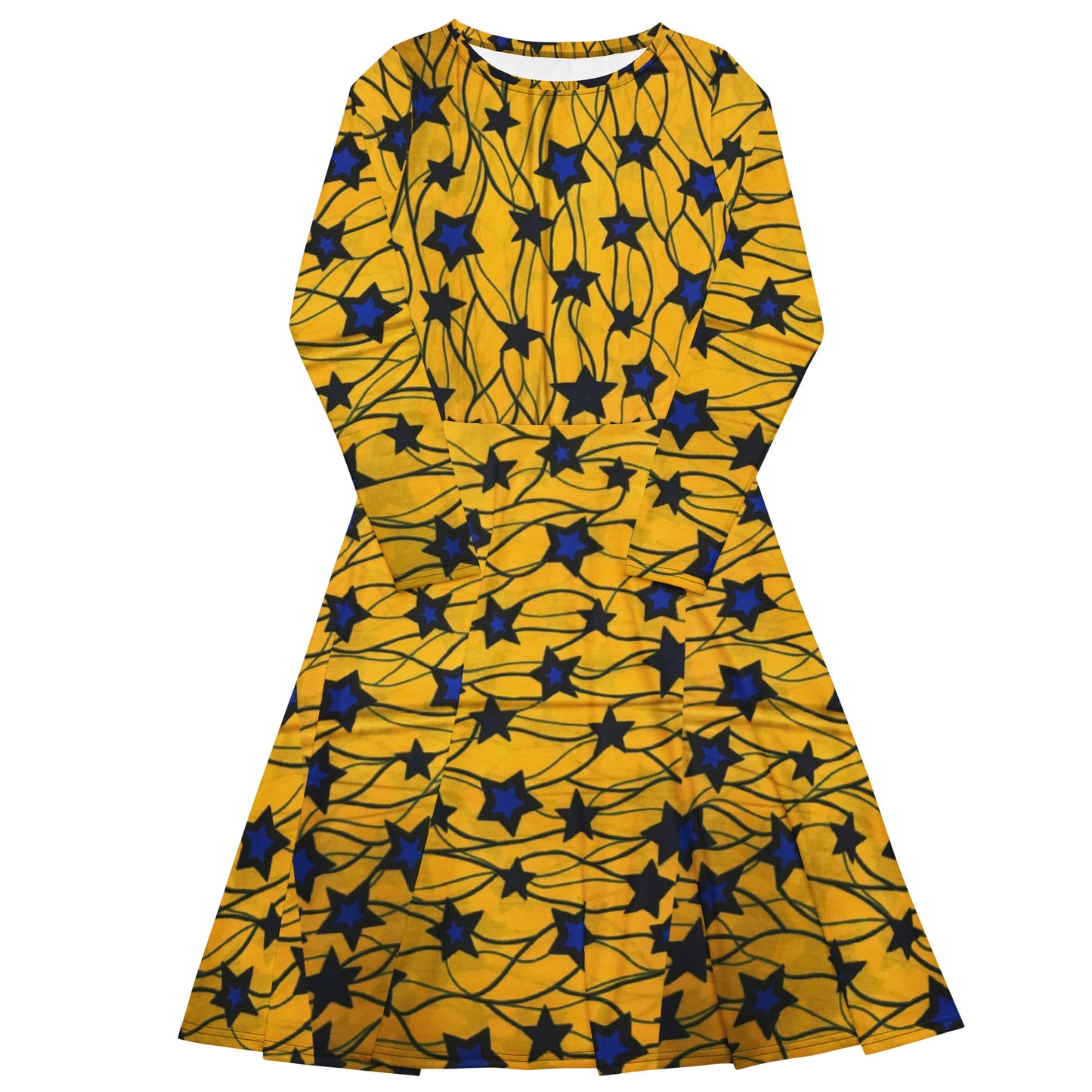 Yellow Blue Star Ankara Long Sleeve Midi Dress