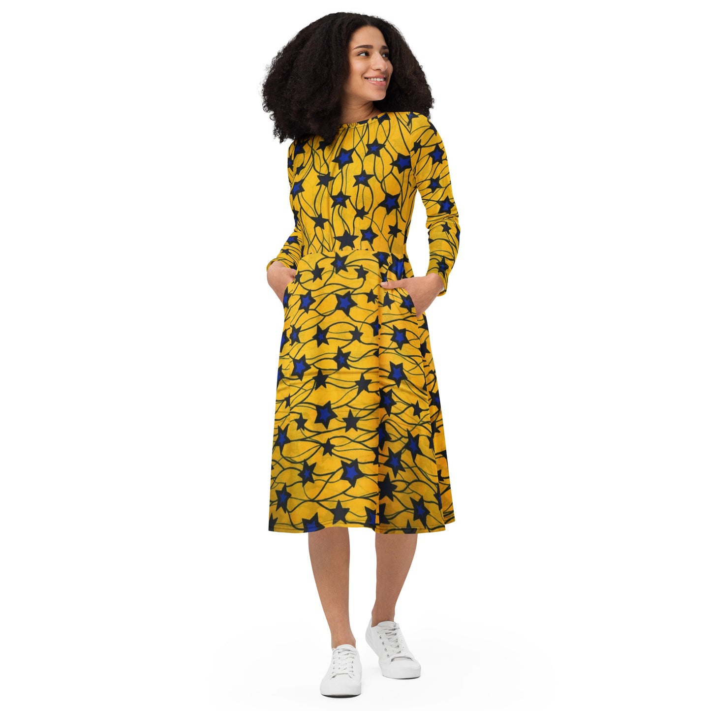 Yellow Blue Star Ankara Long Sleeve Midi Dress