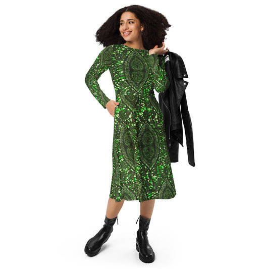 Green Peas Ankara Long Sleeve Midi Dress