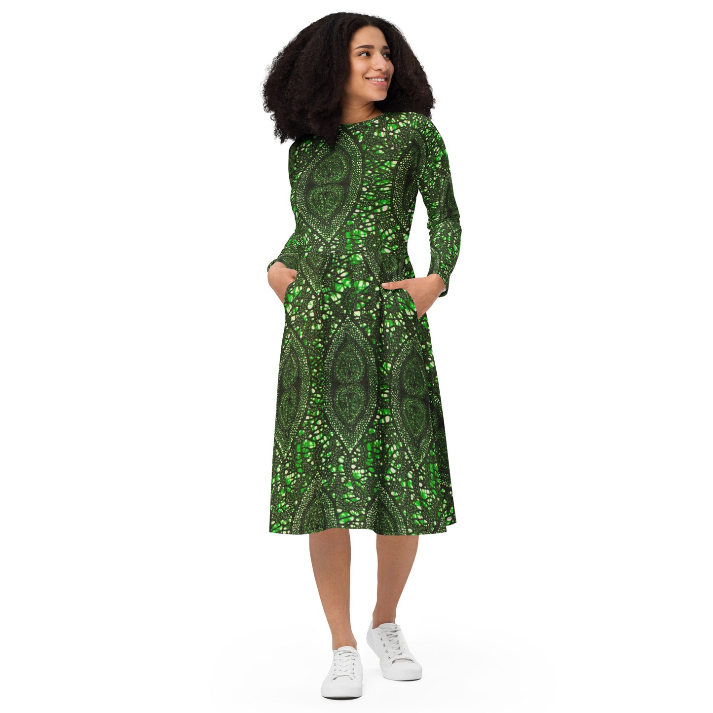 Green Peas Ankara Long Sleeve Midi Dress