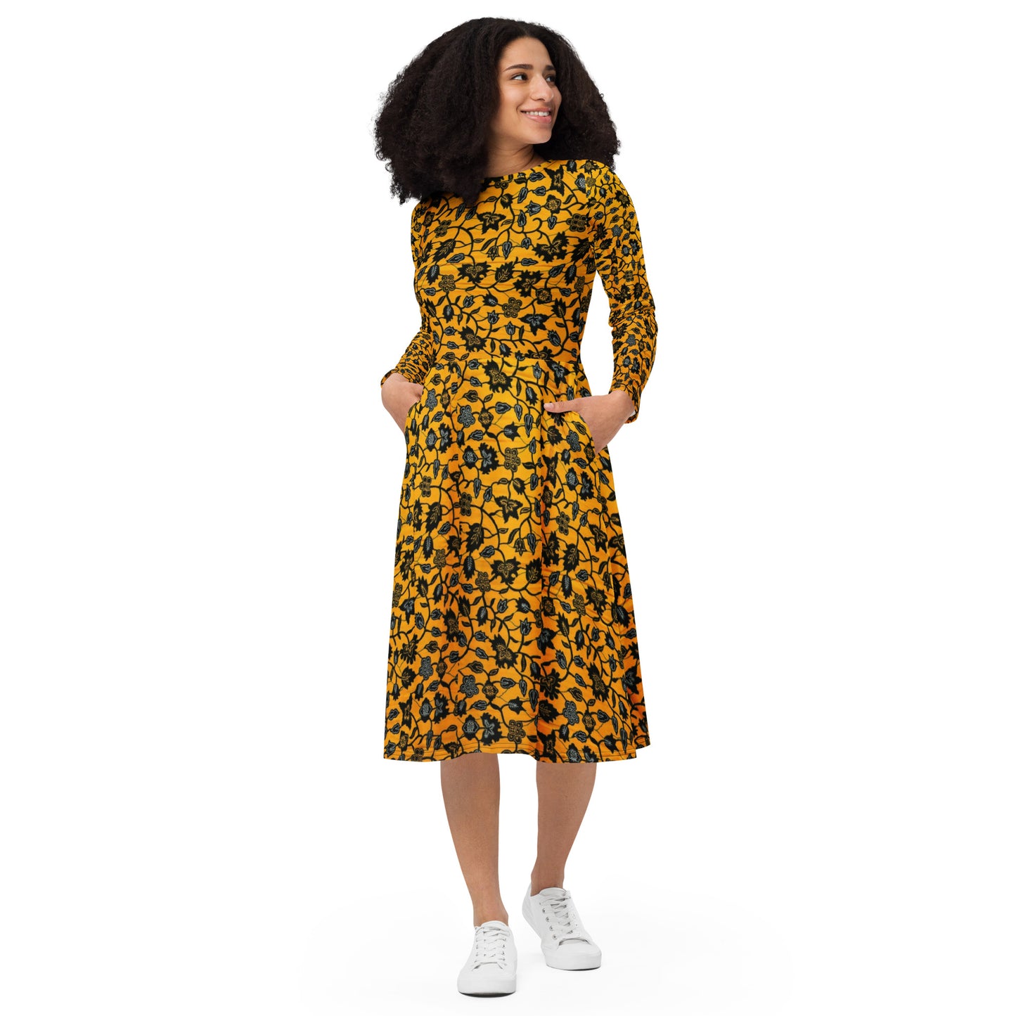 Yellow & Leaves Ankara Long Sleeve Midi Dress