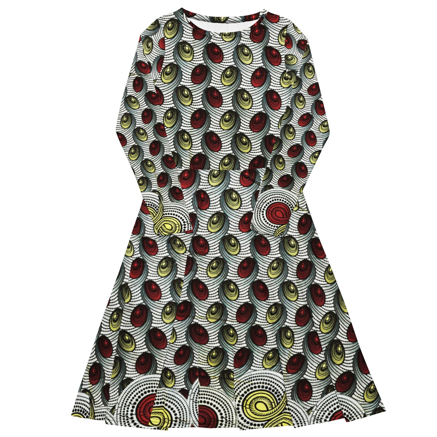 Red & Pale Yellow Ovals Ankara Long Sleeve Midi Dress