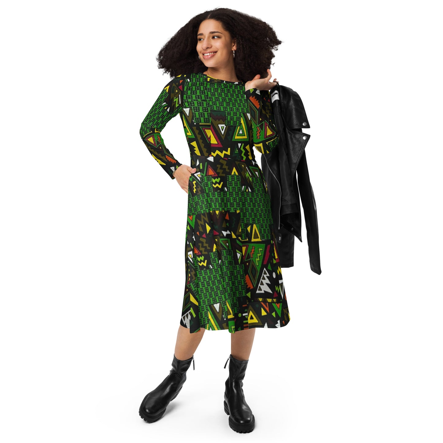 Vibrant Multicolour Green Black Yellow Red Ethnic Ankara Long Sleeve Midi Dress