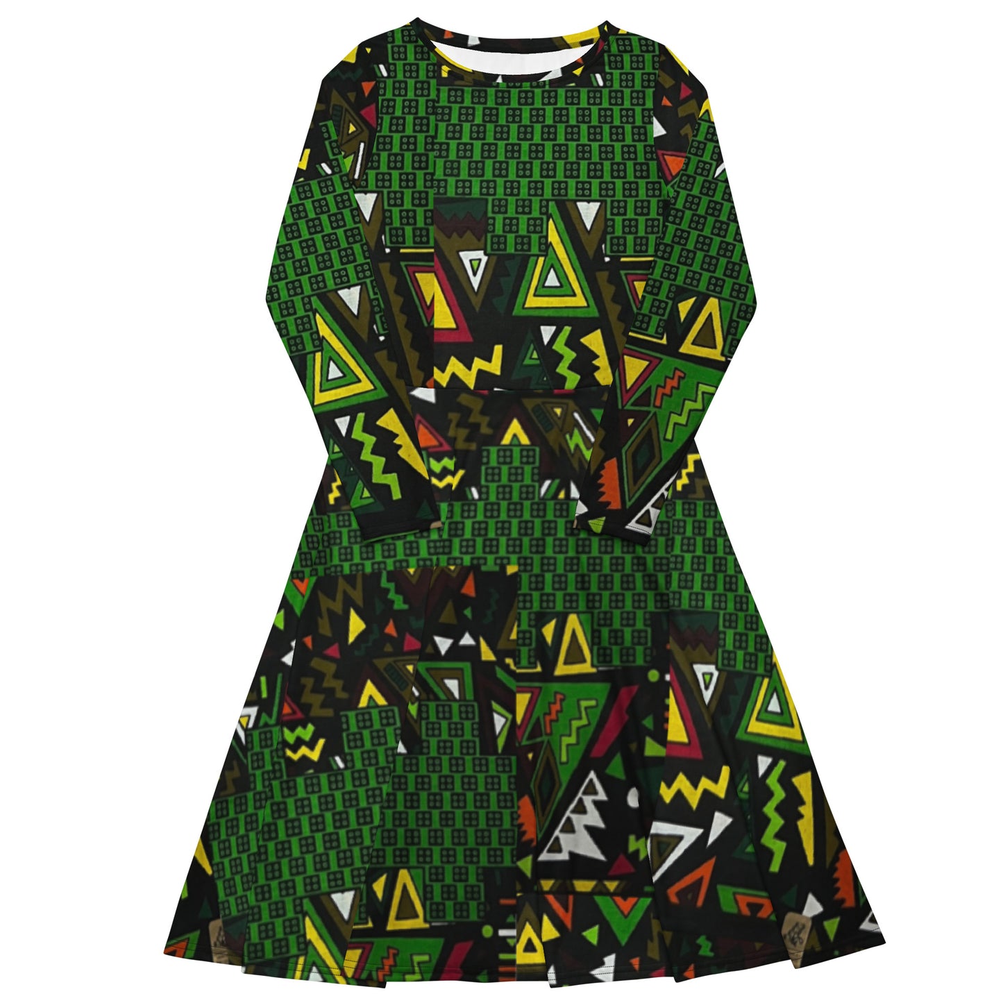 Vibrant Multicolour Green Black Yellow Red Ethnic Ankara Long Sleeve Midi Dress