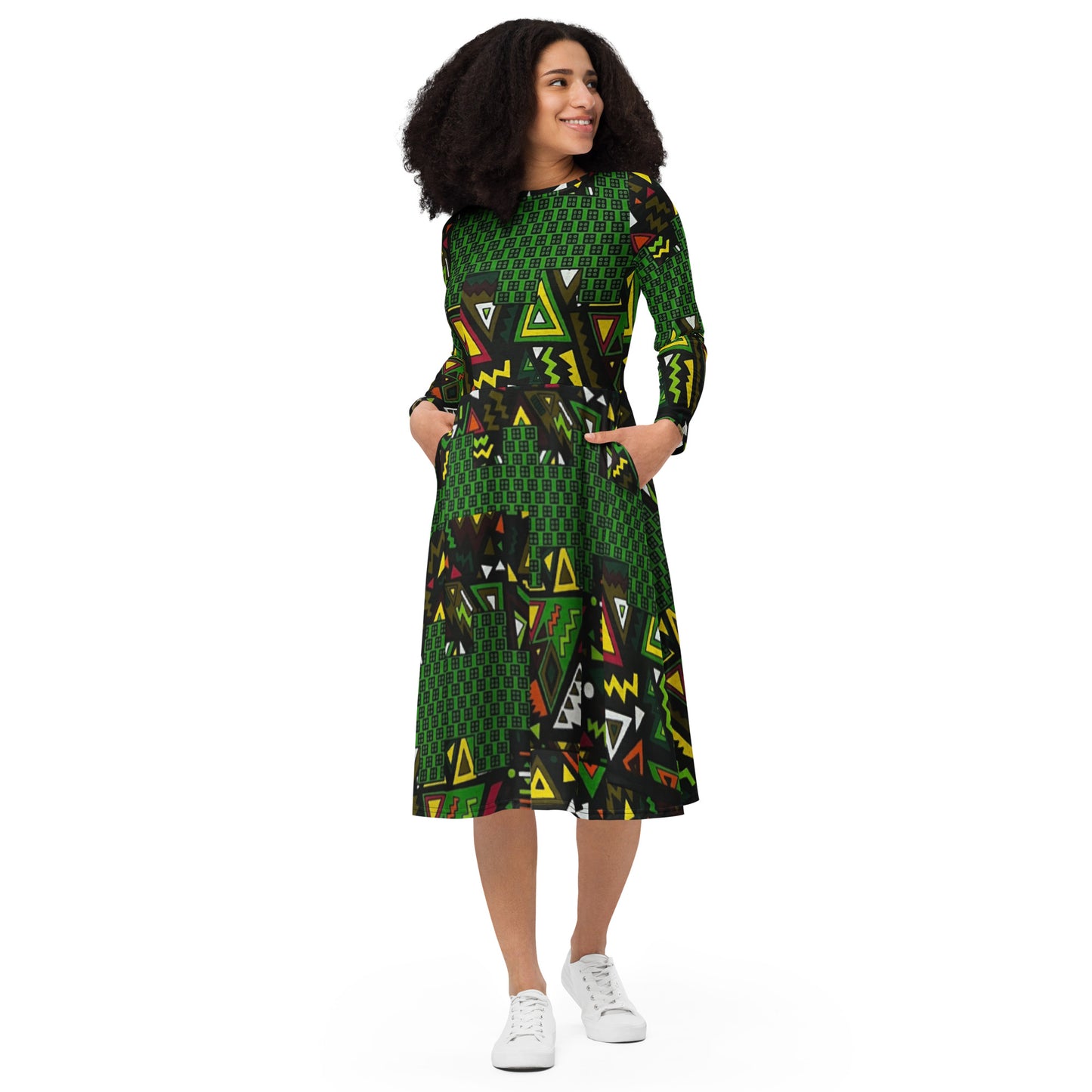 Vibrant Multicolour Green Black Yellow Red Ethnic Ankara Long Sleeve Midi Dress