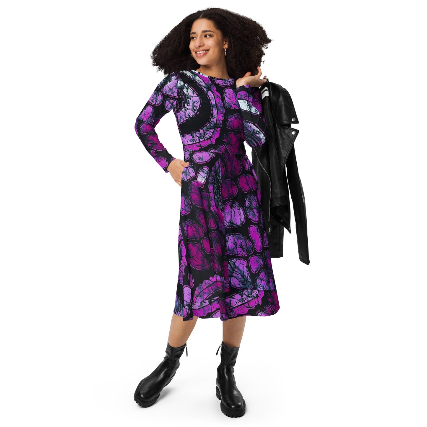 Purple & Black Ankara Long Sleeve Midi Dress