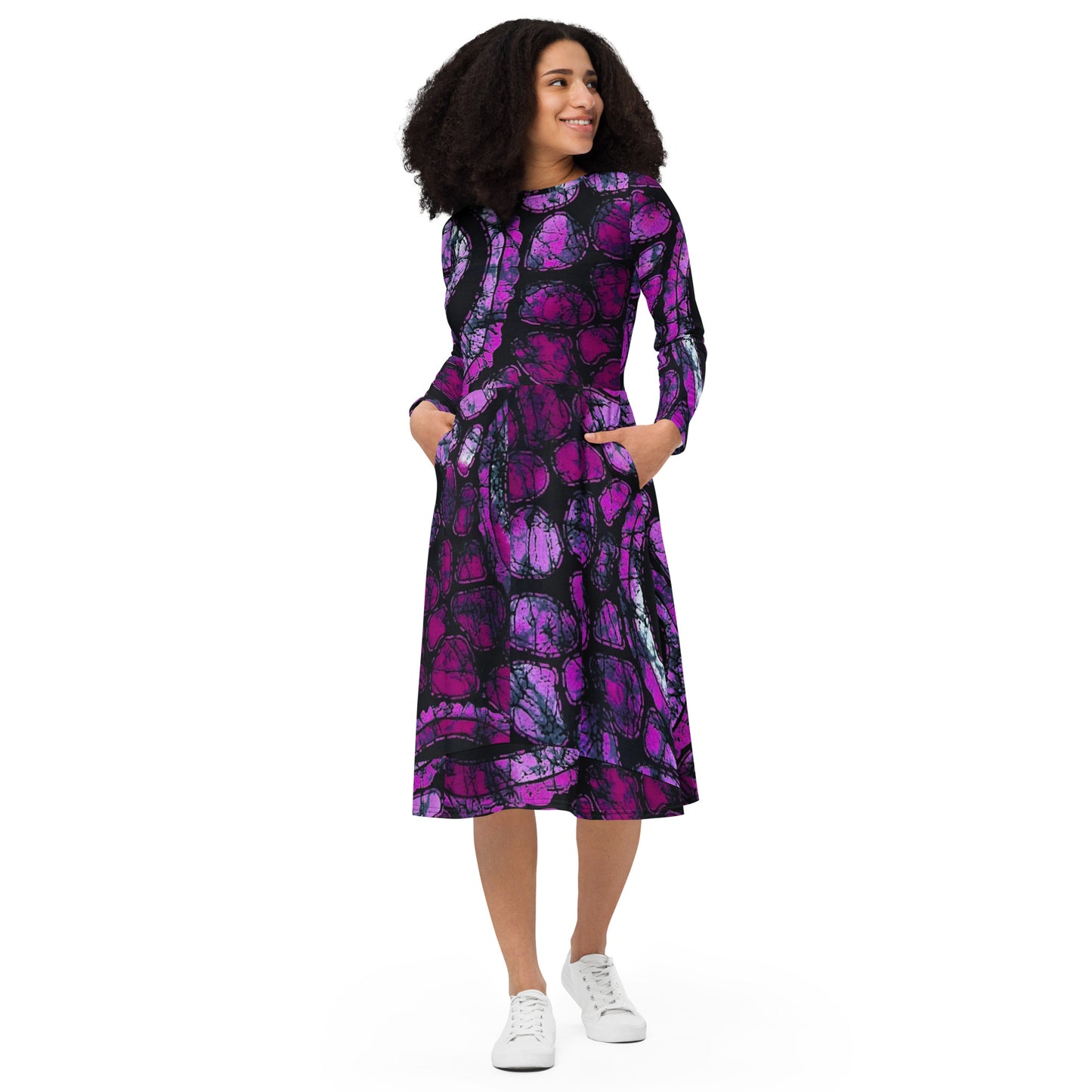 Purple & Black Ankara Long Sleeve Midi Dress