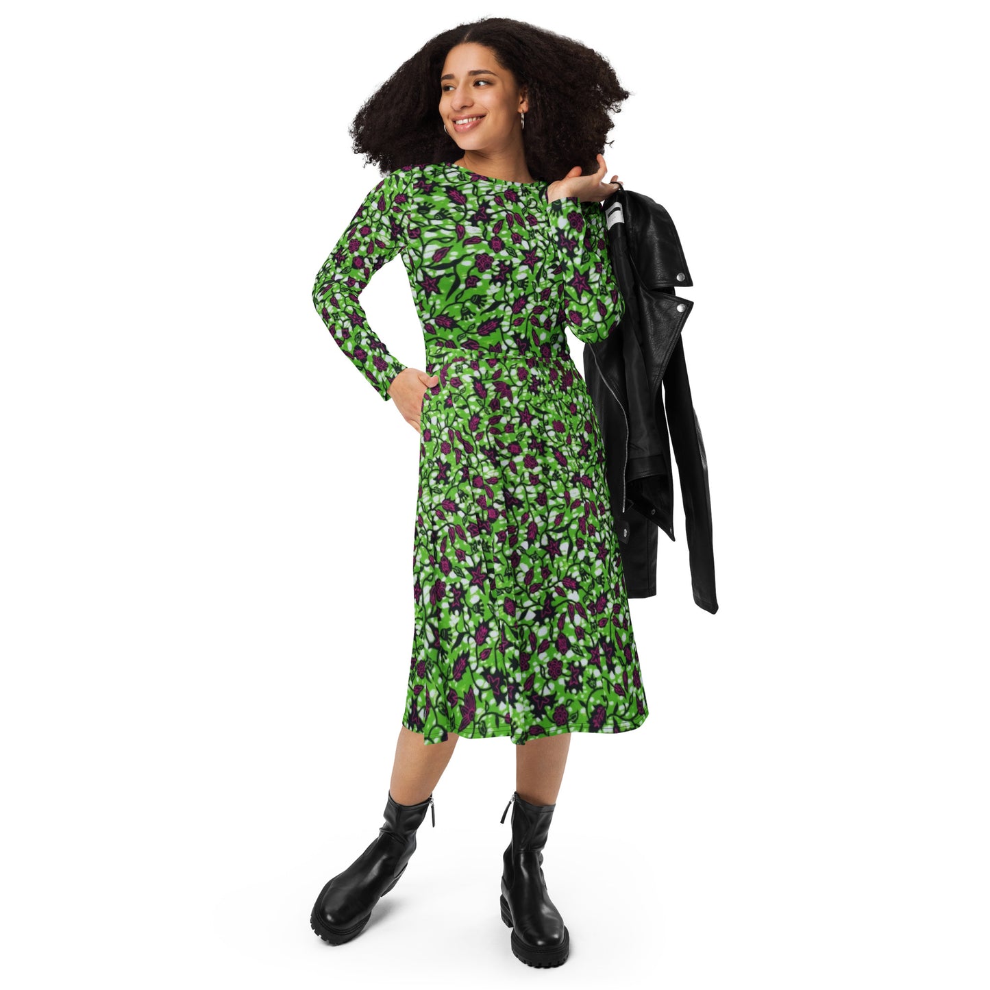 Green Burgundy Ankara Long Sleeve Midi Dress