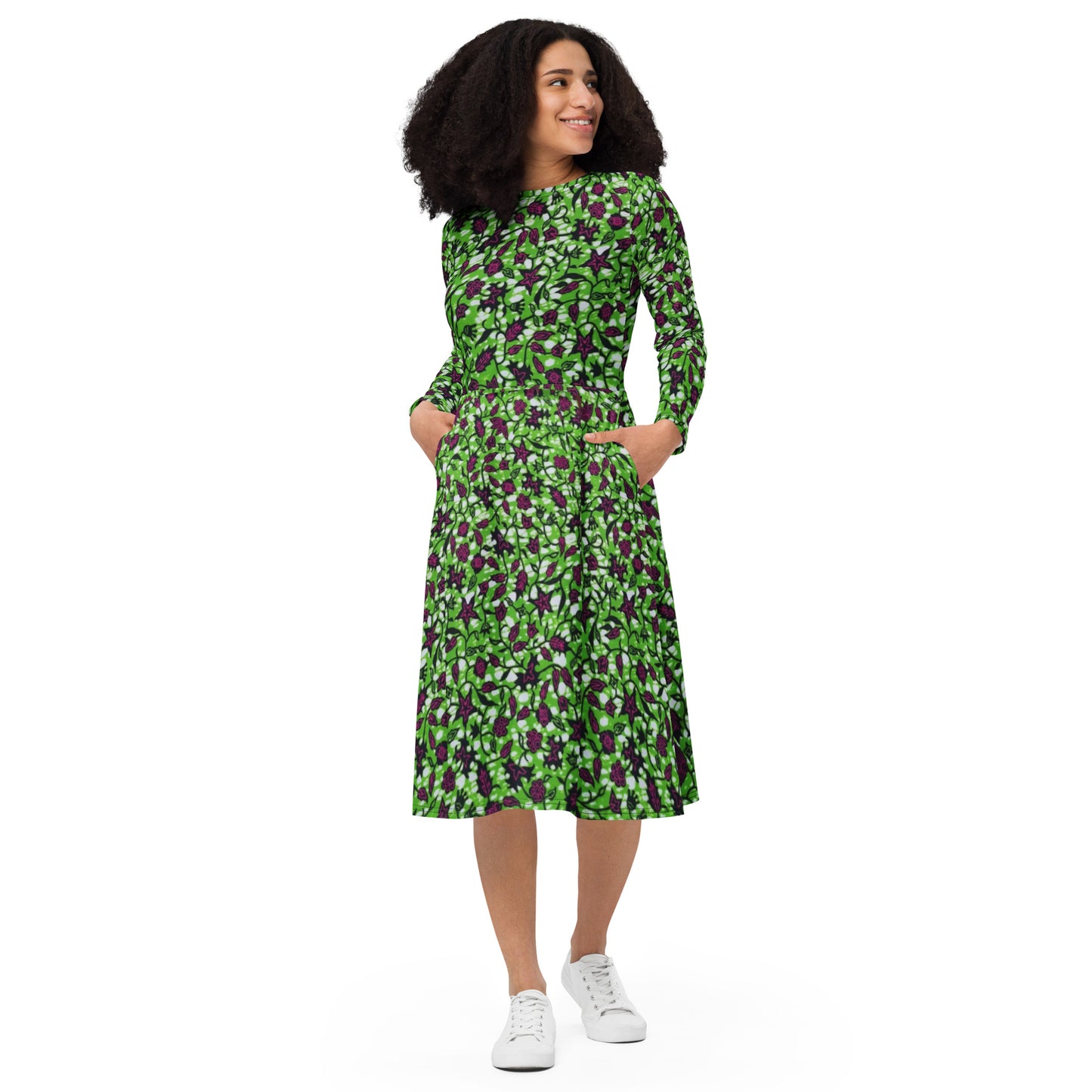 Green Burgundy Ankara Long Sleeve Midi Dress