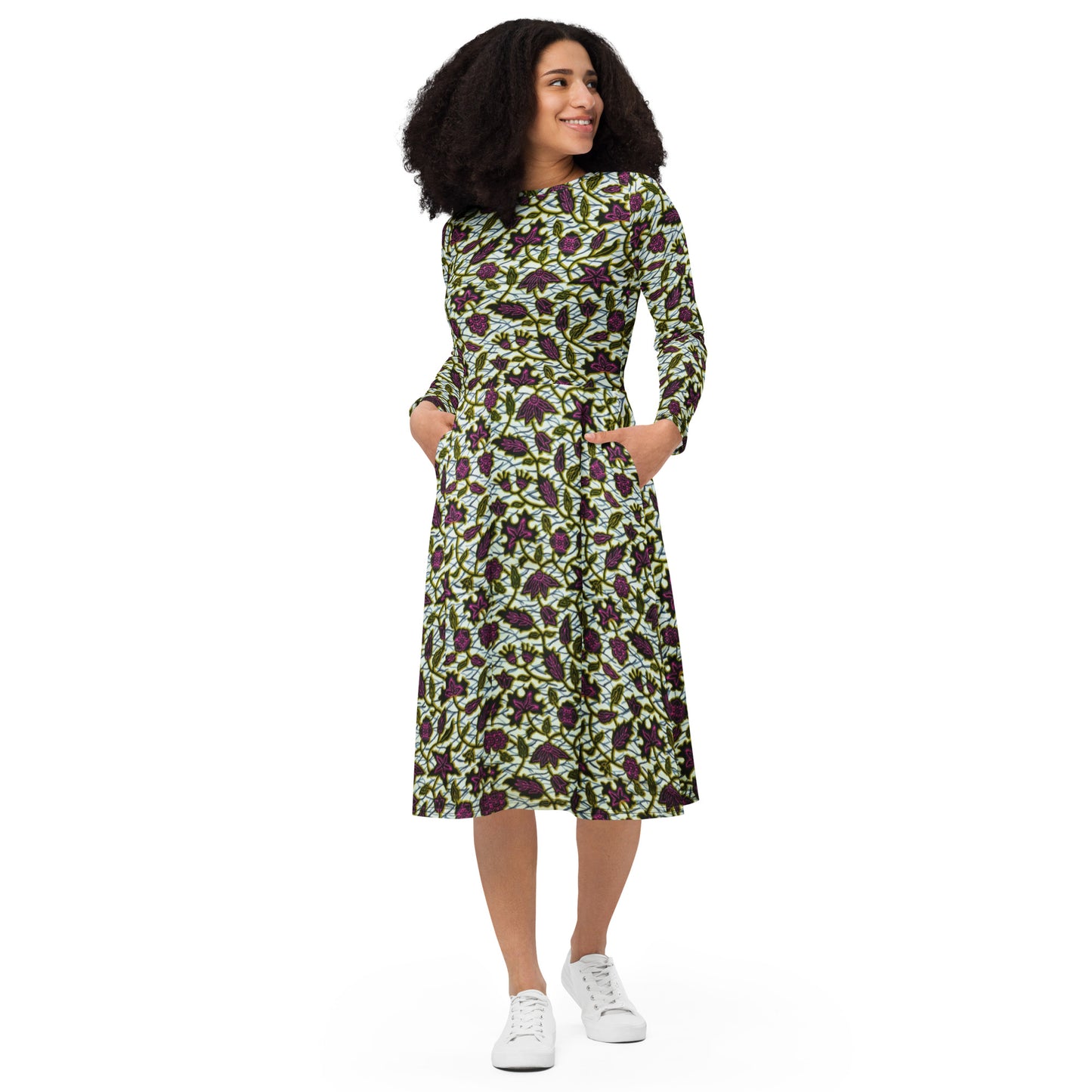 Pink Green Leaves Ankara Long Sleeve Midi Dress