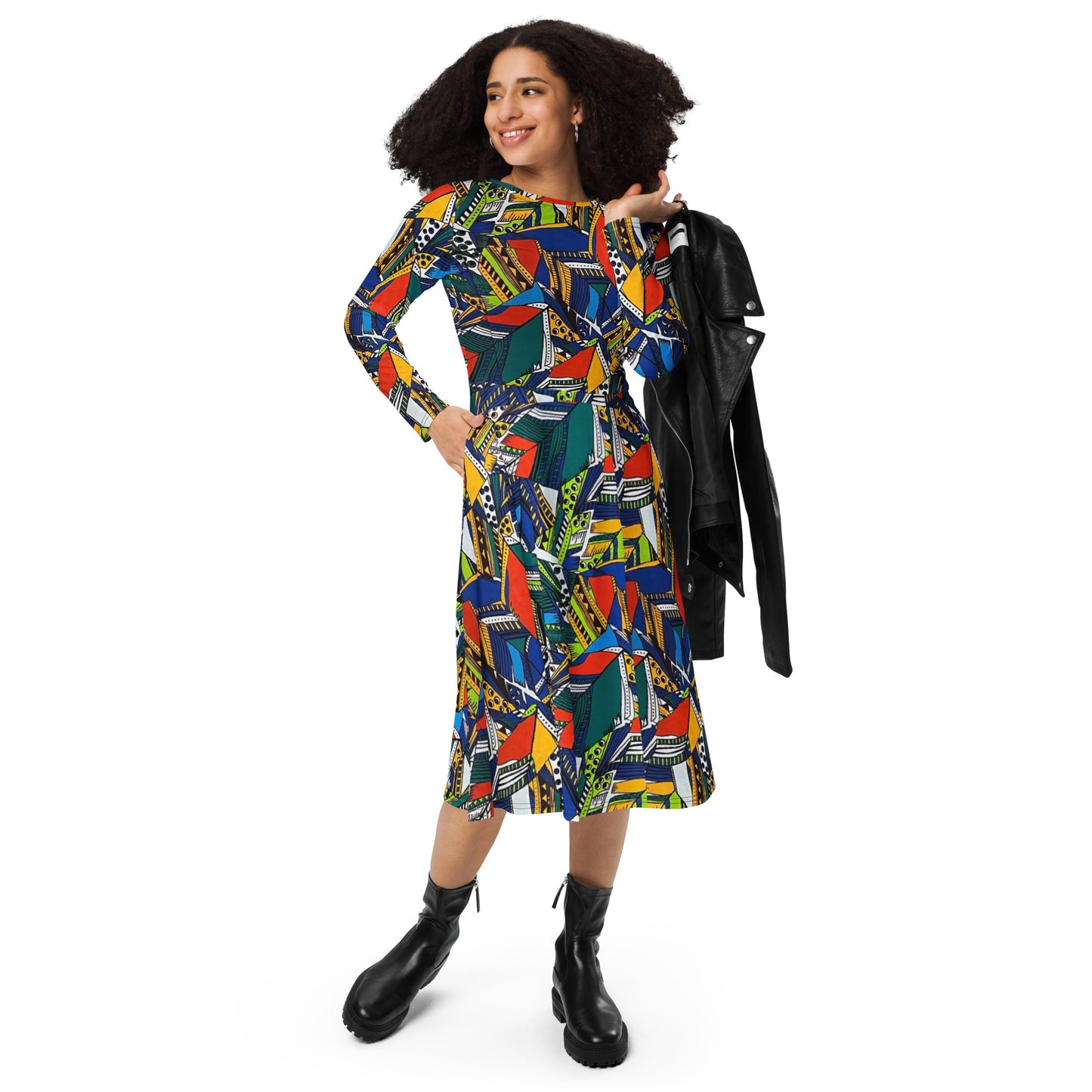 Multicolour Shapes Ankara Long Sleeve Midi Dress