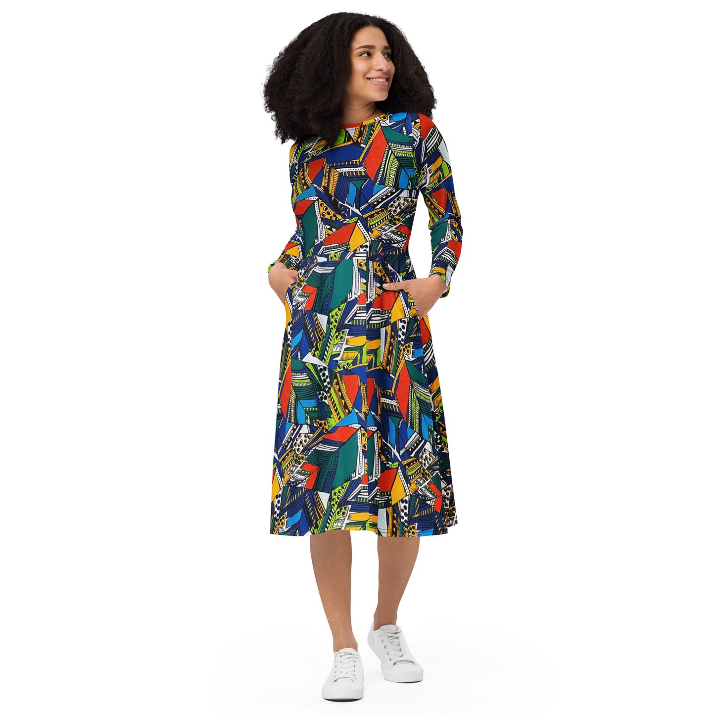 Multicolour Shapes Ankara Long Sleeve Midi Dress