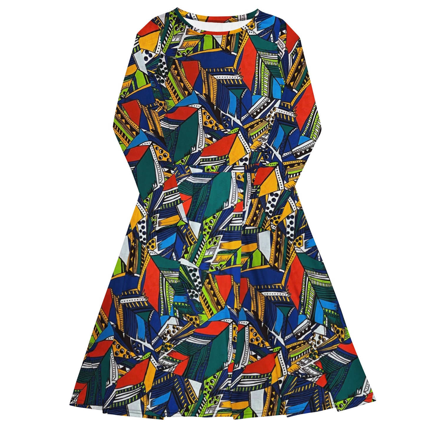 Multicolour Shapes Ankara Long Sleeve Midi Dress