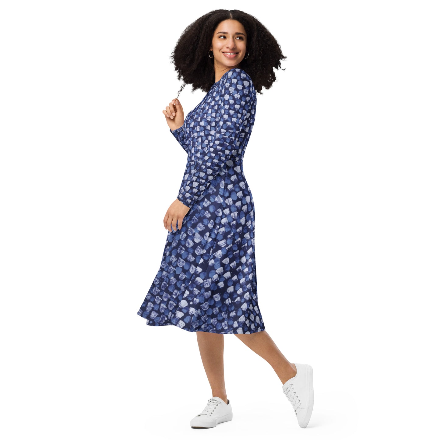 Blue Dotted Adire Long Sleeve Midi Dress