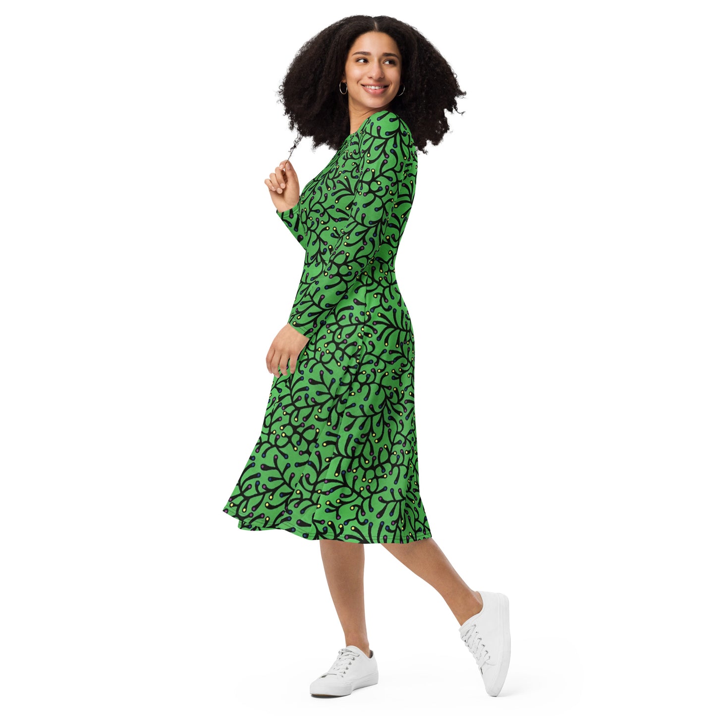 Vibrant Green And Yellow Polka Dots African Print Ankara Long Sleeve Midi Dress