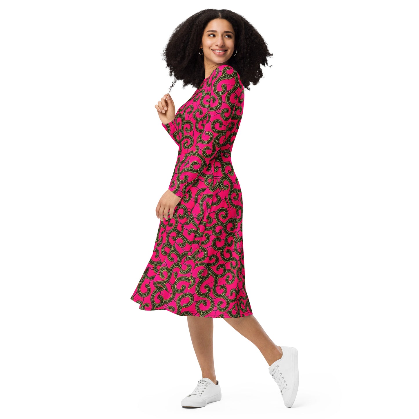 Pink Ankara Long Sleeve Midi Dress