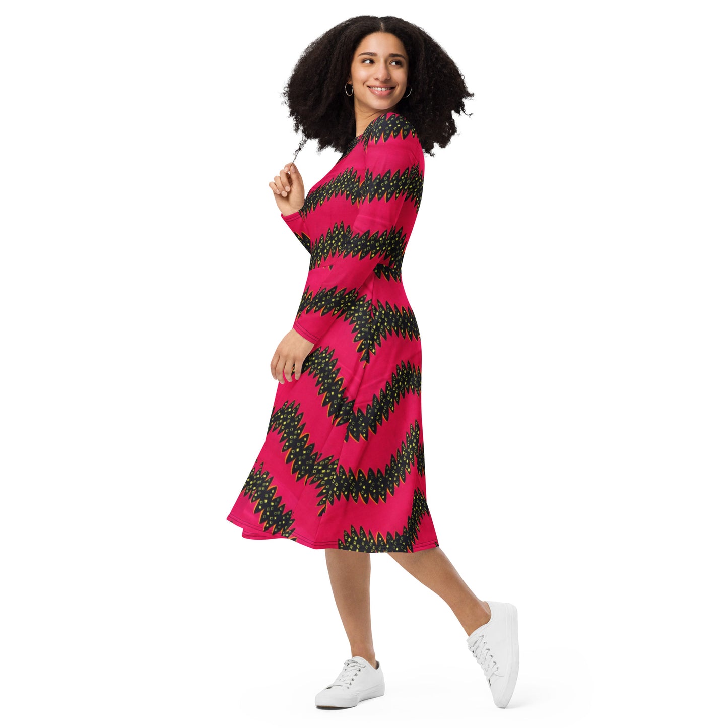 Pink Black Yellow Ankara Long Sleeve Midi Dress