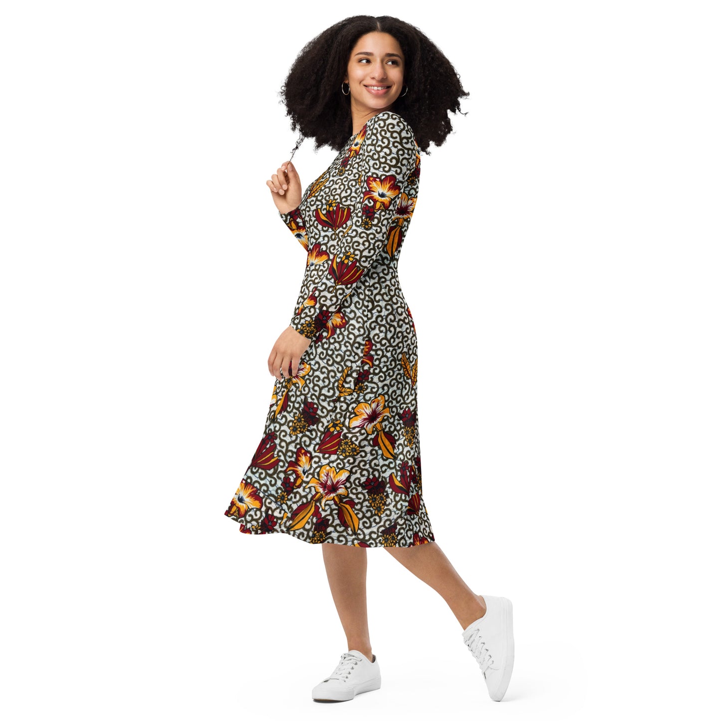 Red Yellow Black & White Bogolan Ankara Long Sleeve Midi Dress