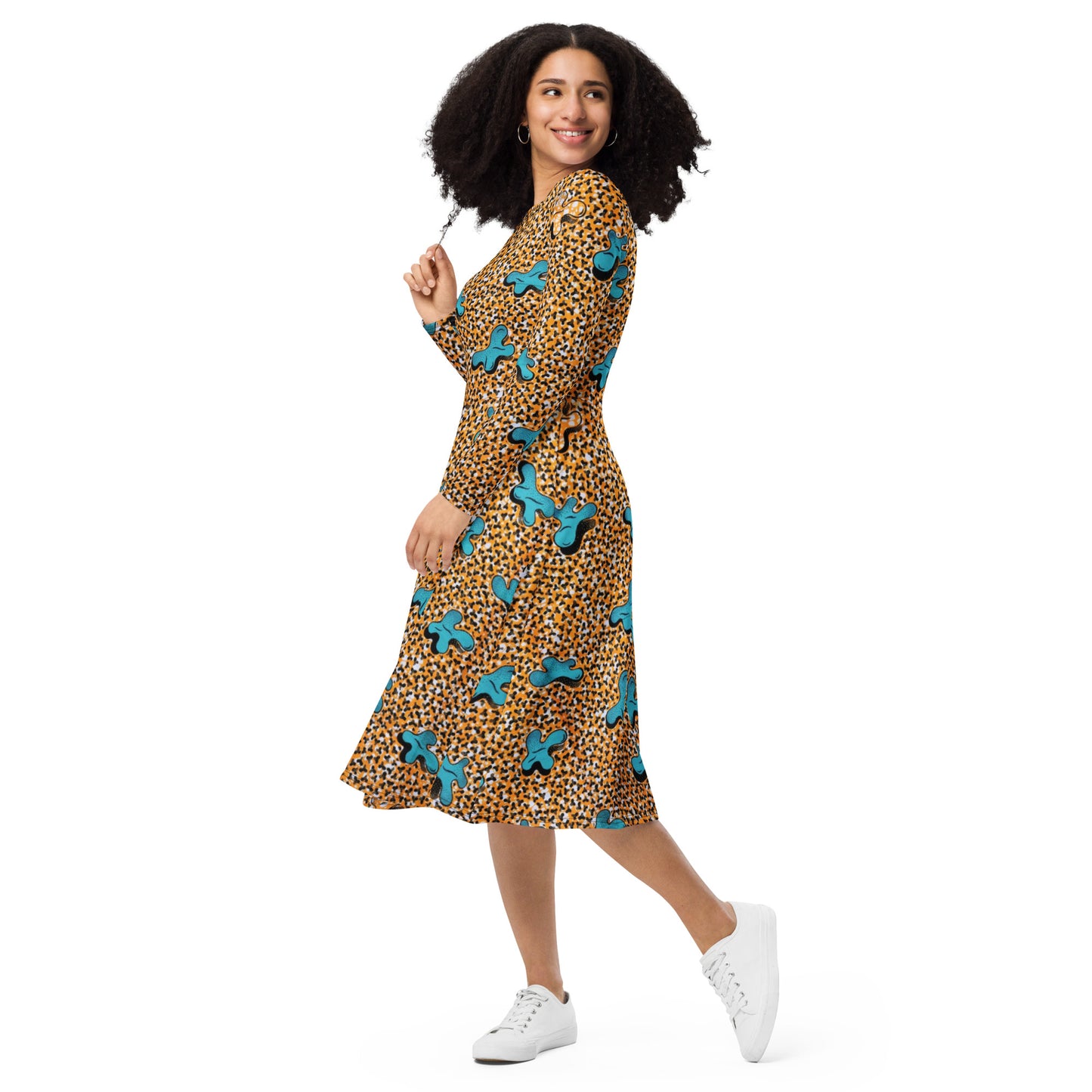 Sky Blue & Pale Orange Ankara Long Sleeve Midi Dress