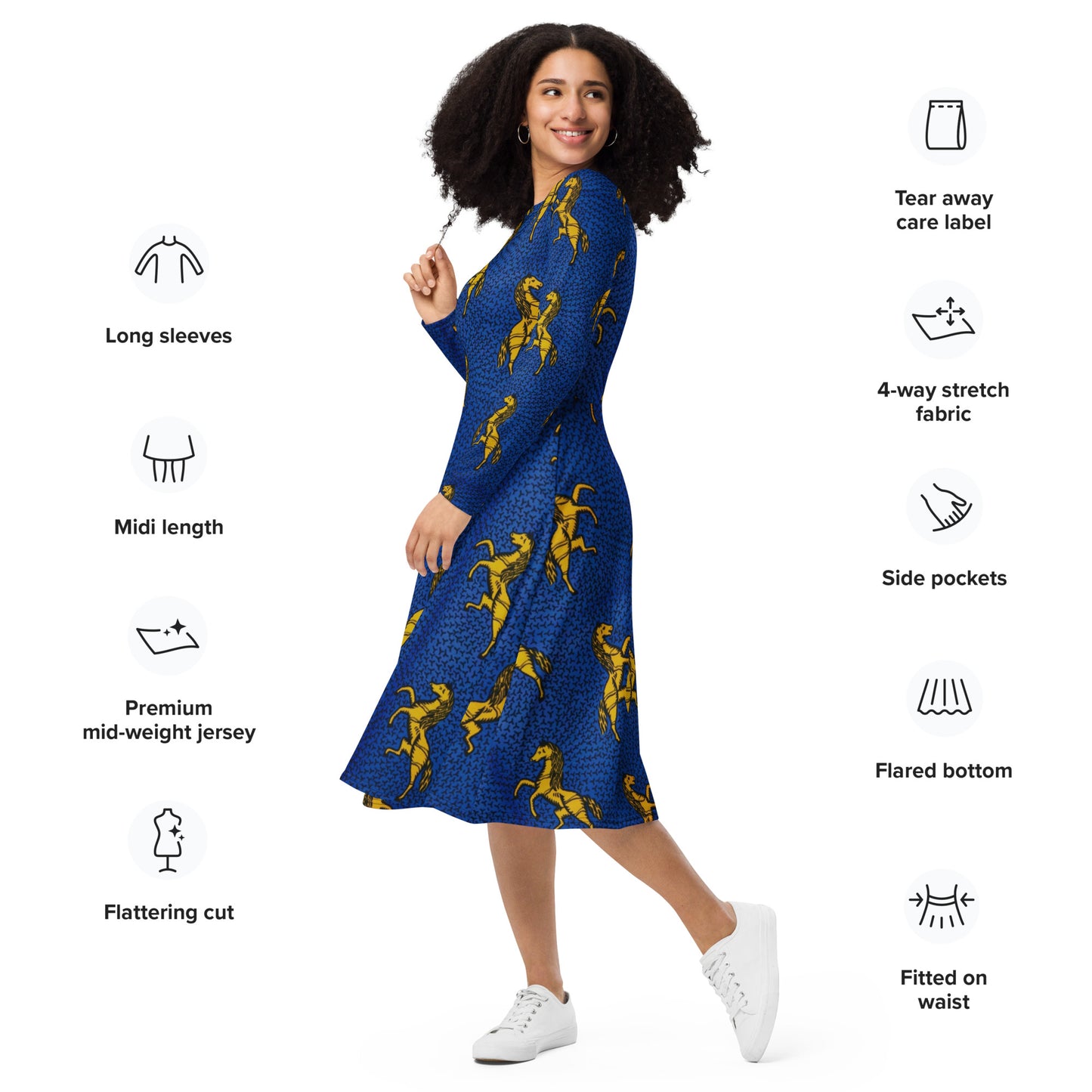 Yellow Horses On Blue Ankara Long Sleeve Midi Dress