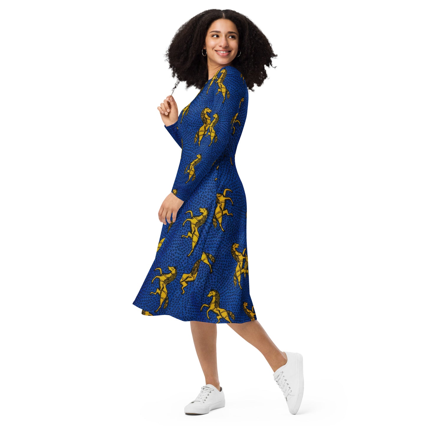 Yellow Horses On Blue Ankara Long Sleeve Midi Dress