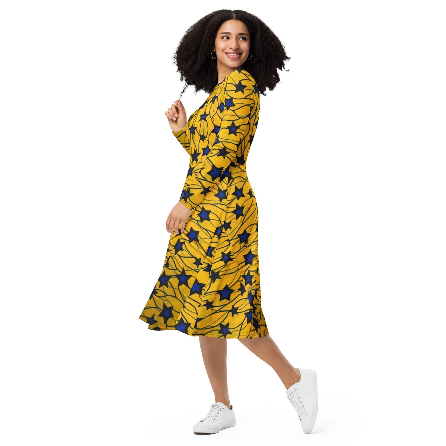 Yellow Blue Star Ankara Long Sleeve Midi Dress