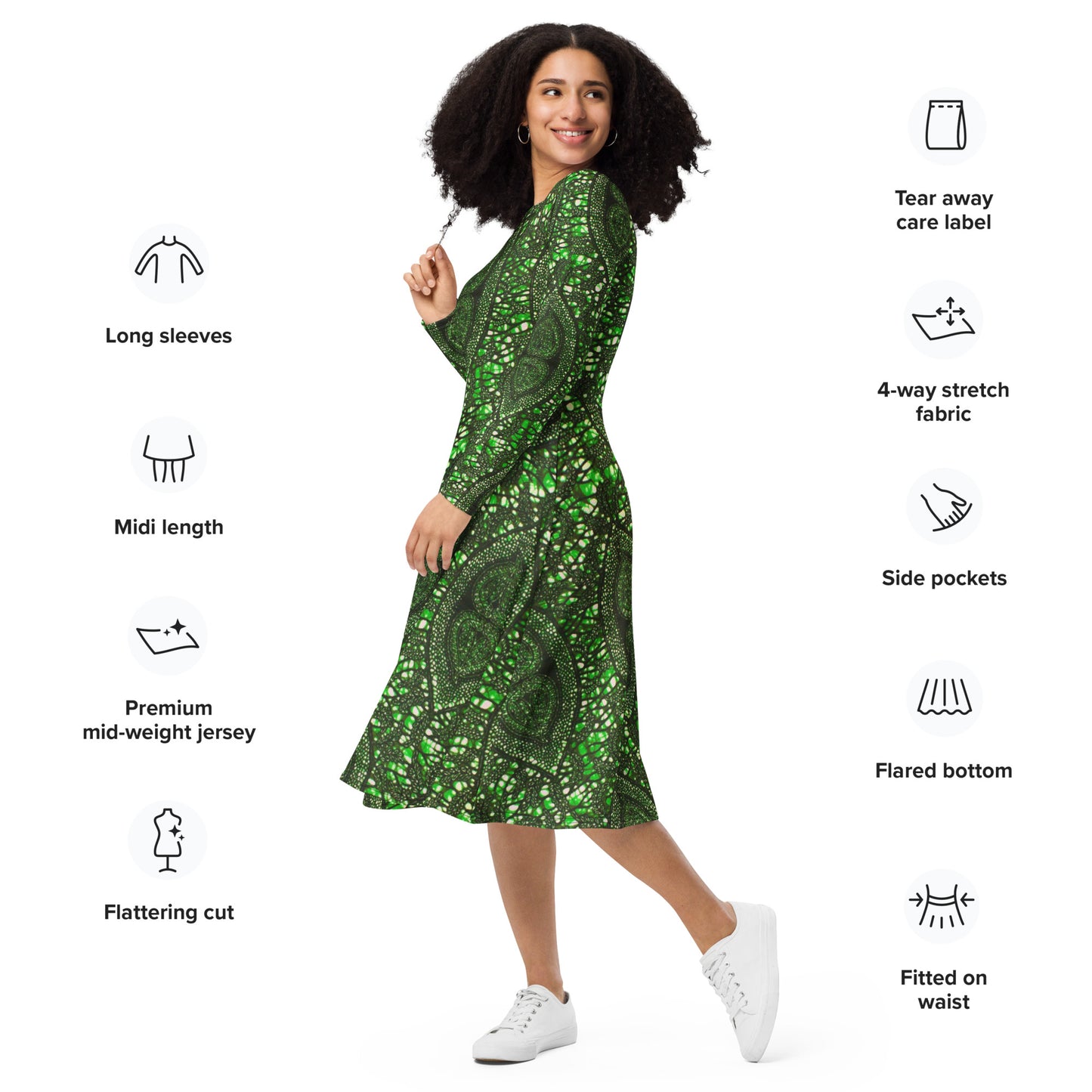 Green Peas Ankara Long Sleeve Midi Dress