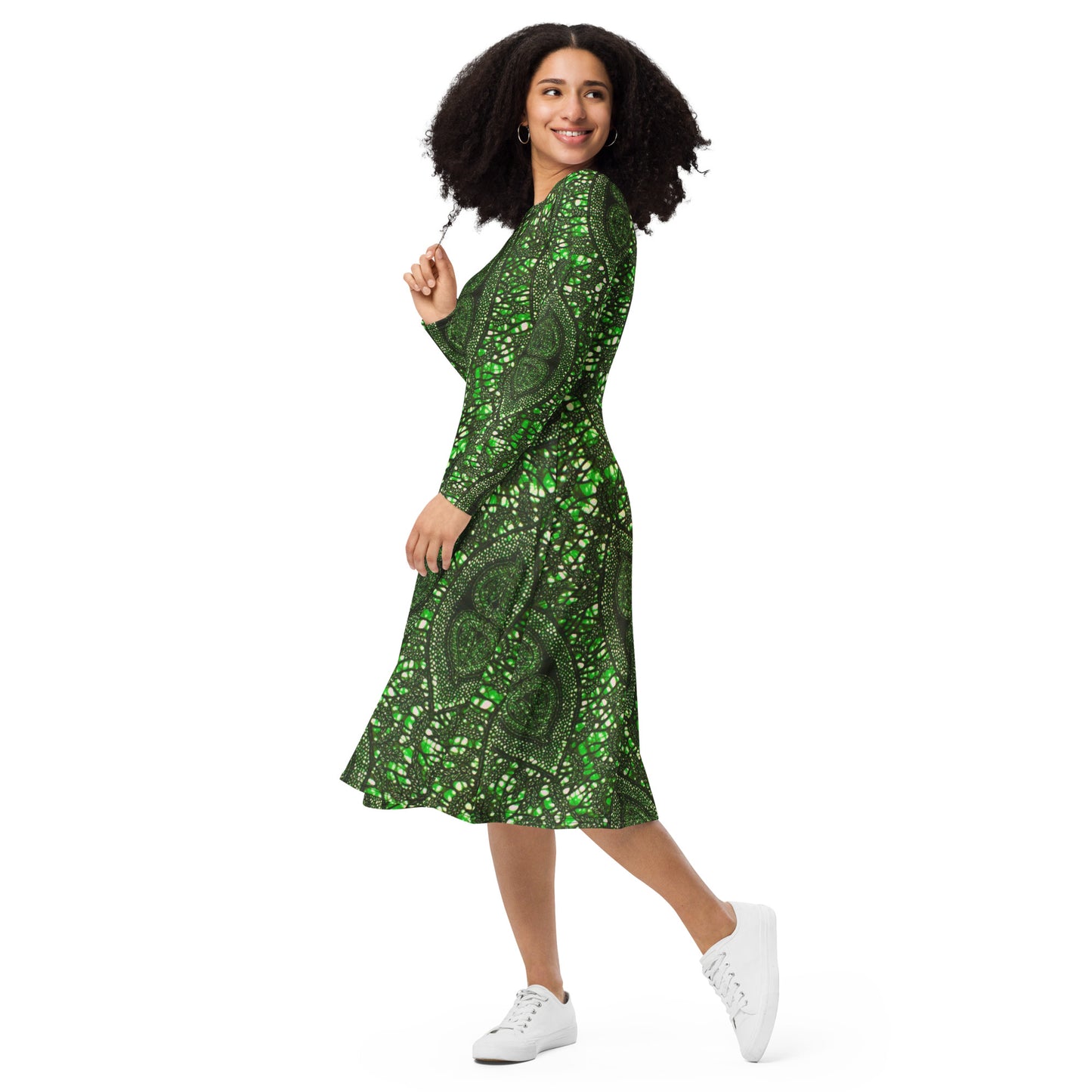 Green Peas Ankara Long Sleeve Midi Dress