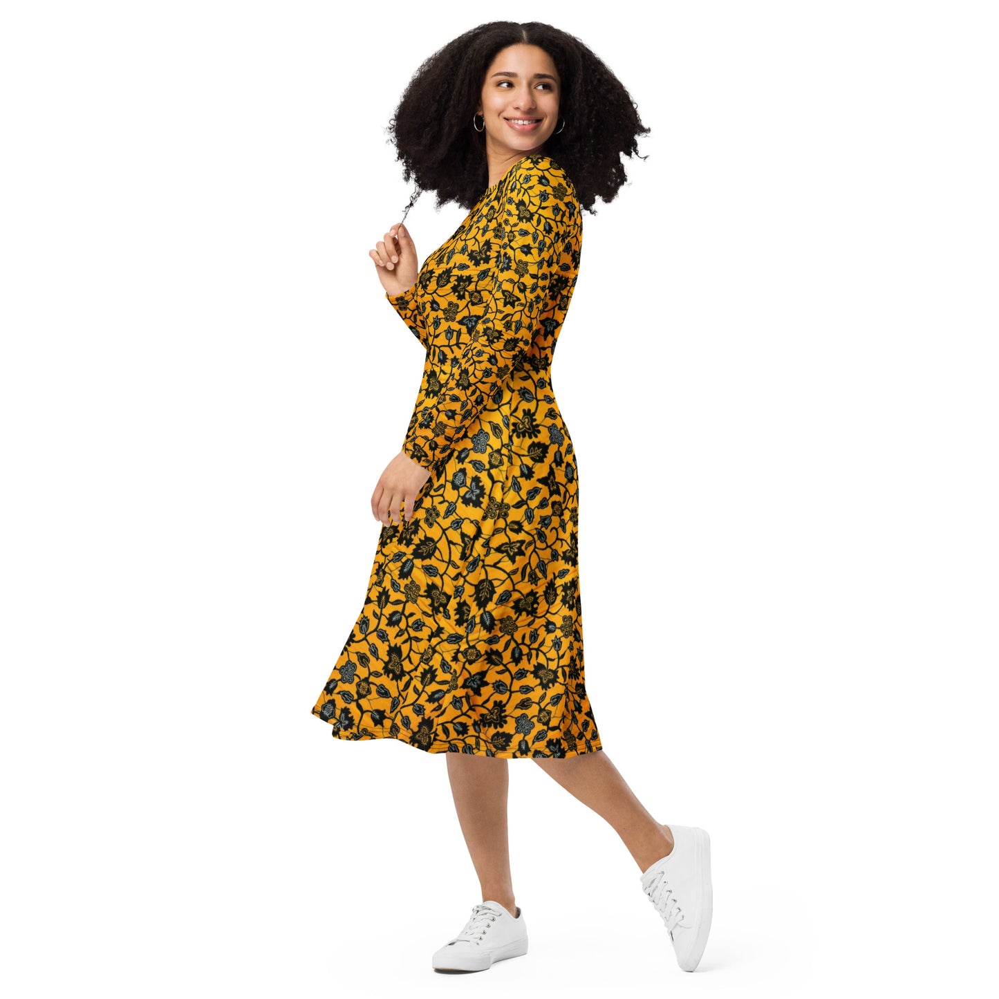 Yellow & Leaves Ankara Long Sleeve Midi Dress