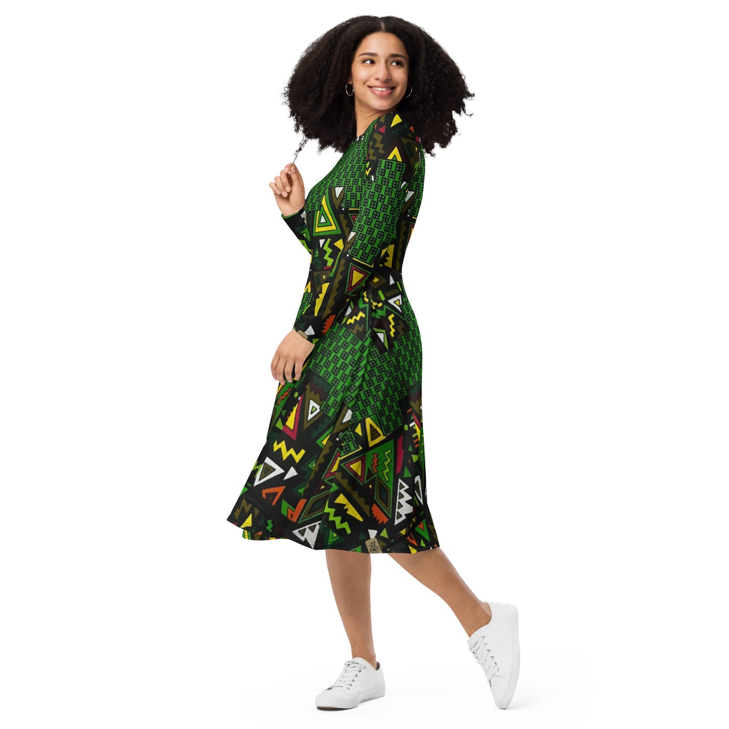 Vibrant Multicolour Green Black Yellow Red Ethnic Ankara Long Sleeve Midi Dress