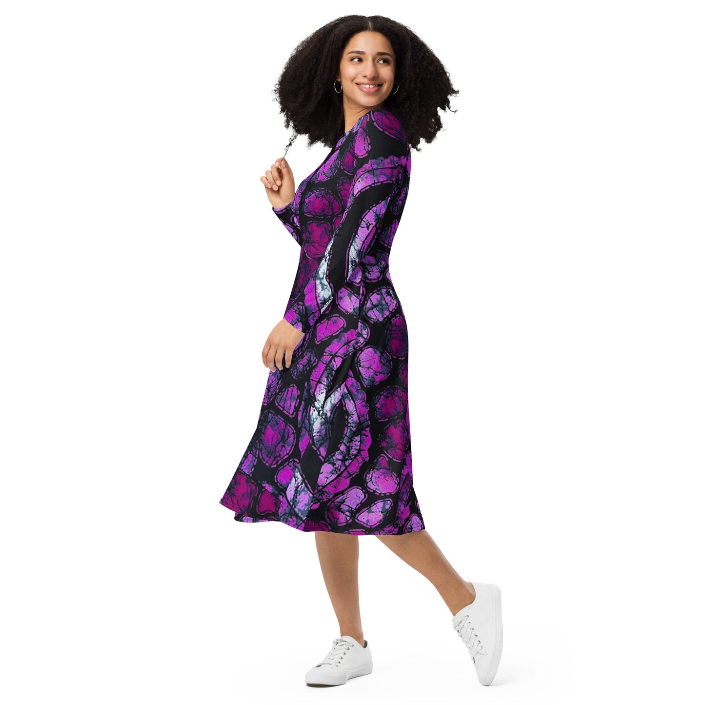 Purple & Black Ankara Long Sleeve Midi Dress