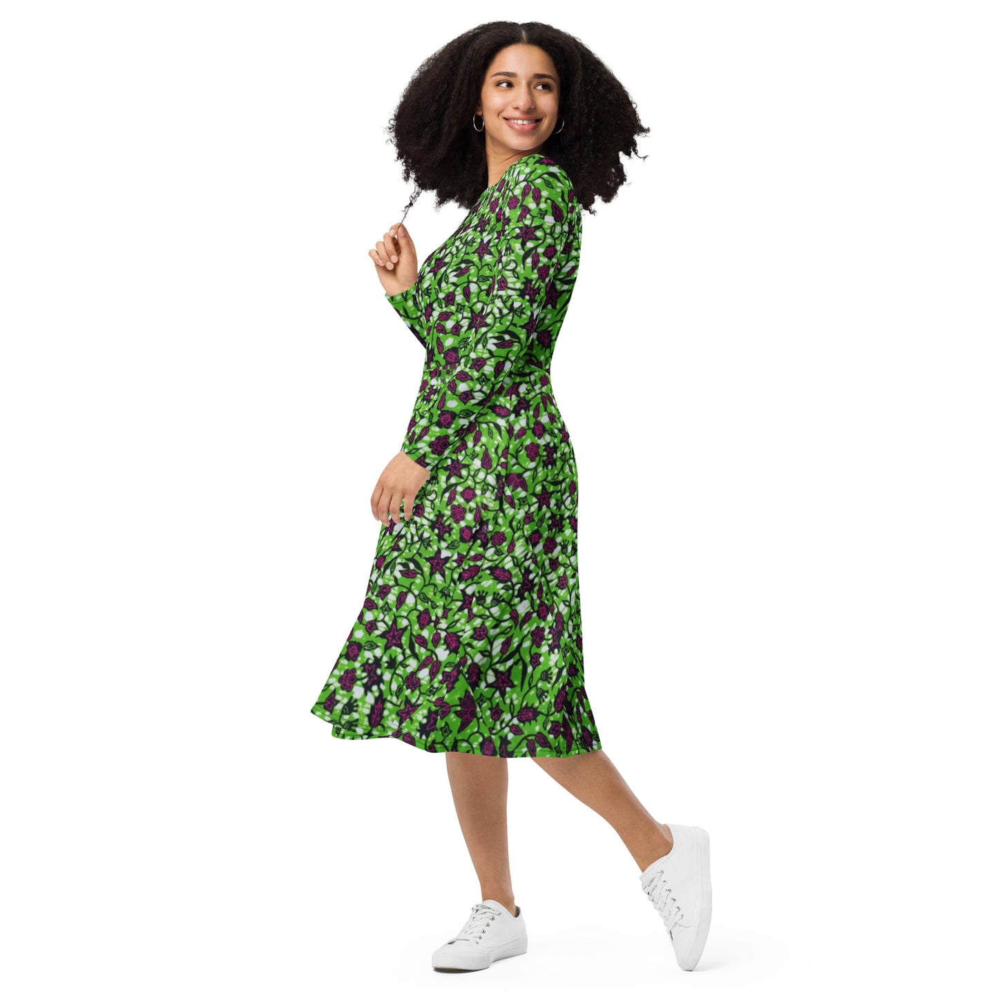 Green Burgundy Ankara Long Sleeve Midi Dress